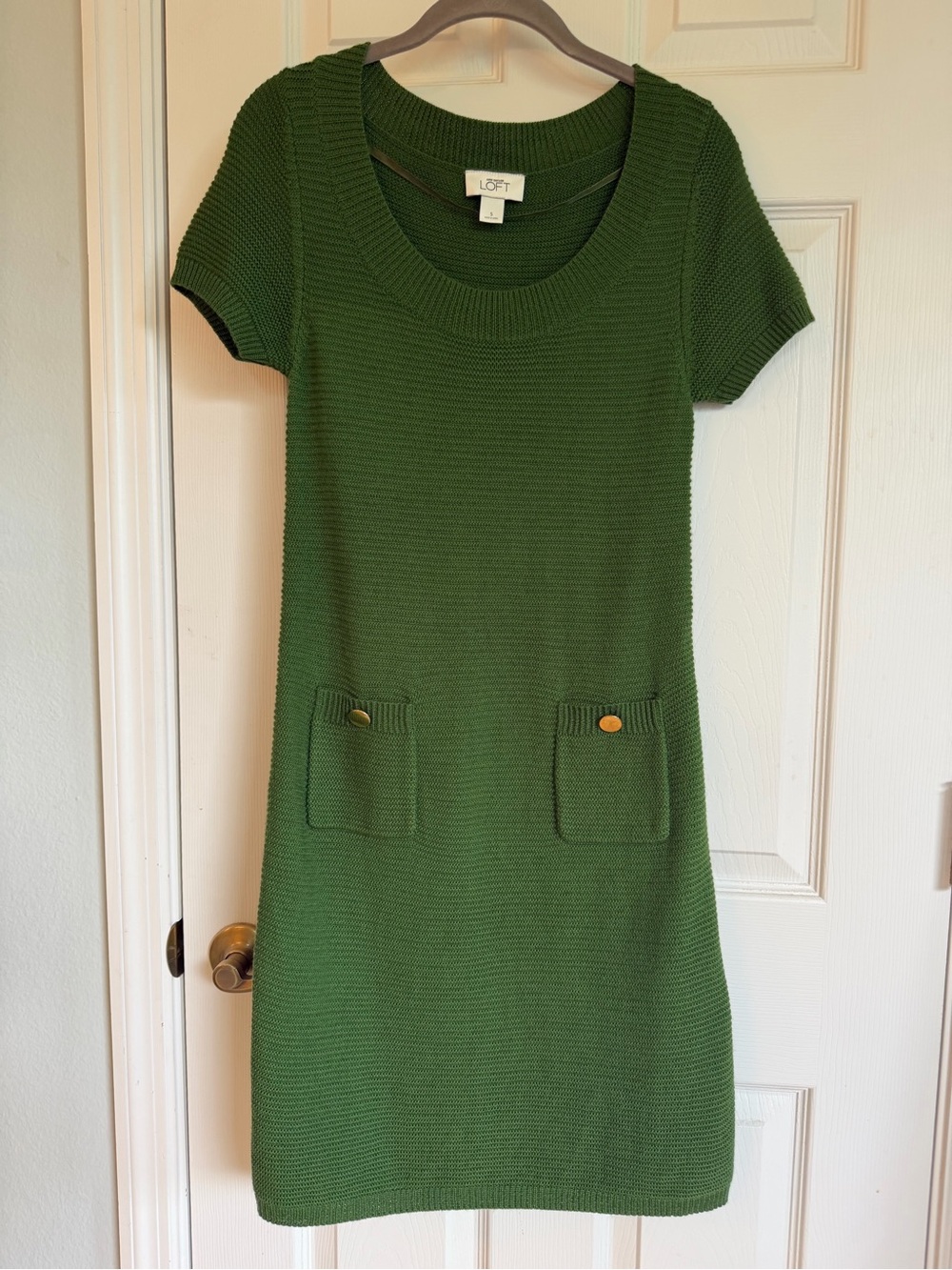 LOFT Olive Green Short-Sleeve Knit Pocket Dress